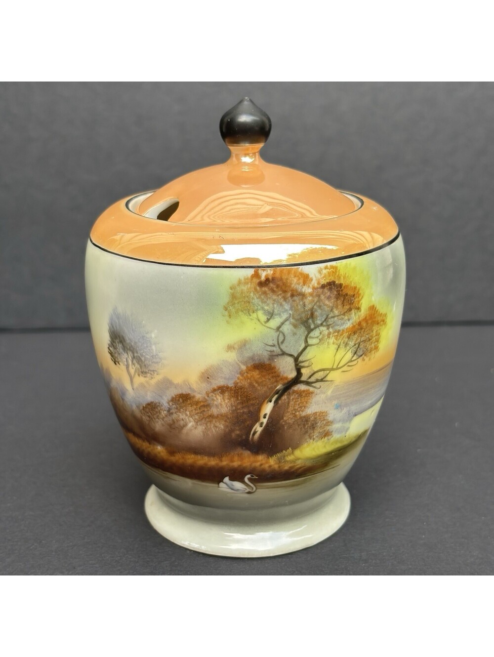 Noritake Condiment Jar, Tree And Swan Meadow Lake Pattern Hand Painted Japan